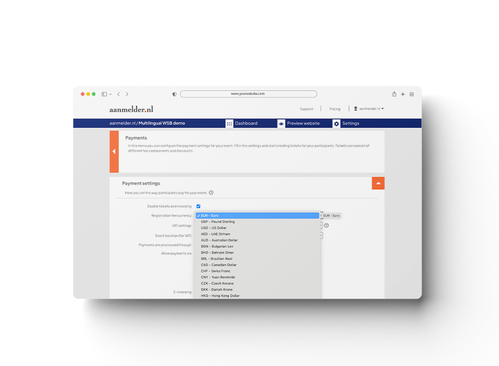 Event software - choose currency 
